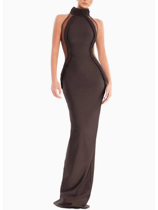 Braided-Trim Halterneck Sheer-Panel Gown - Small - Dresses