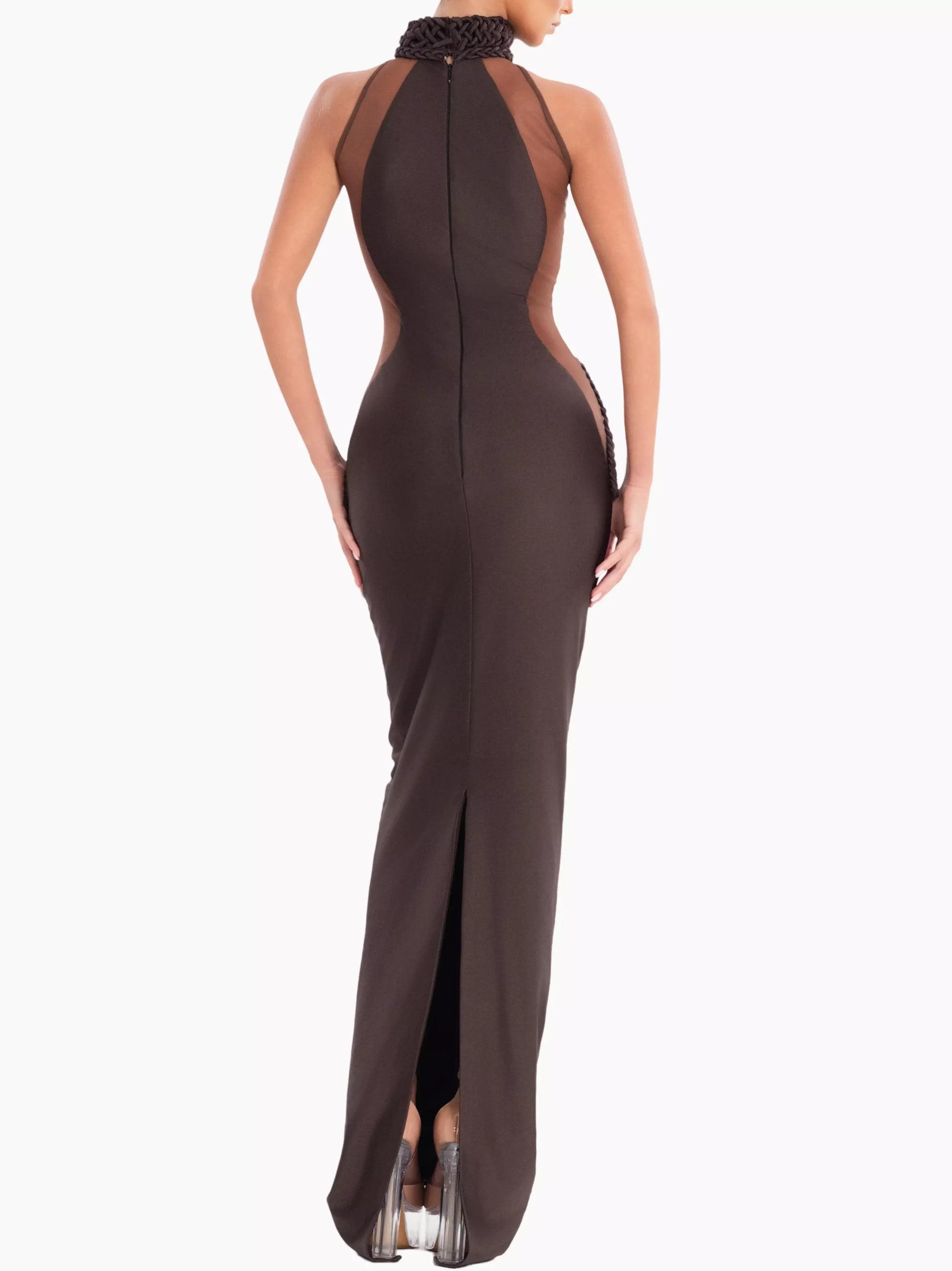Braided-Trim Halterneck Sheer-Panel Gown - Dresses