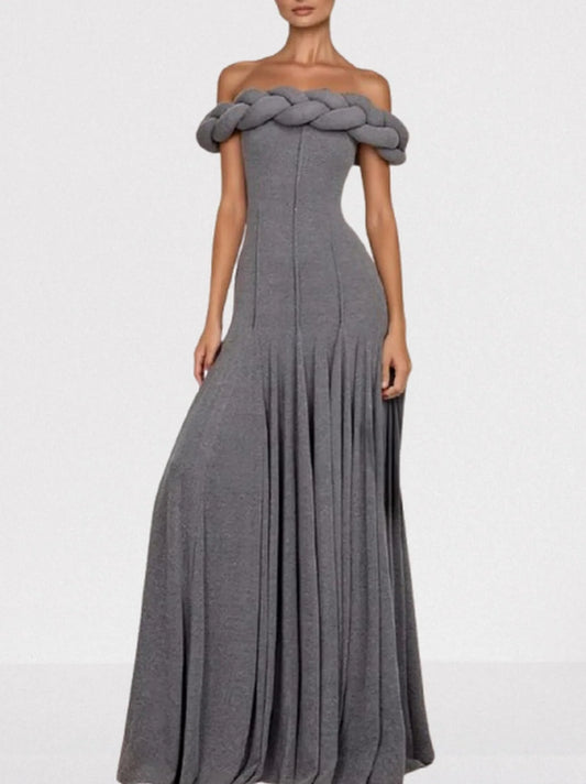 Braided Off-Shoulder Exposed-Seam Maxi Dress - S / Grey - Dresses