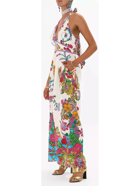 Bright Floral Printed Halter-Neck Wide-Leg Jumpsuit - Branna Couture