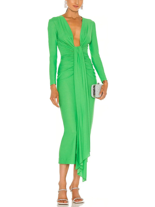 Bright Green Draped Low-Cut Fitted Midi Dress - Branna Couture