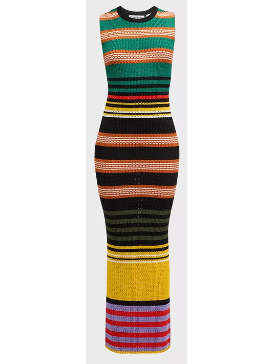 Bright Multicolored Striped Pointelle-Knit Sleeveless Maxi Dress - Branna Couture