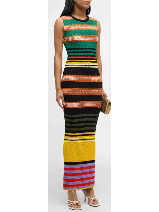 Bright Multicolored Striped Pointelle-Knit Sleeveless Maxi Dress - Branna Couture