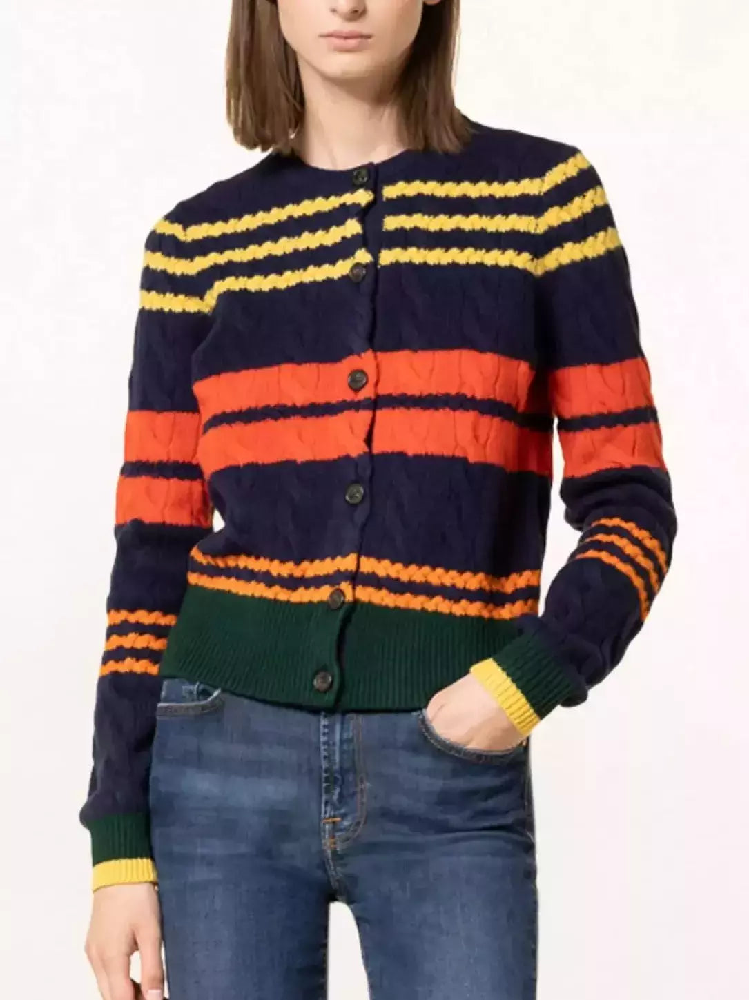 Bright-Striped Cable Knit Cardigan Sweater Branna Couture