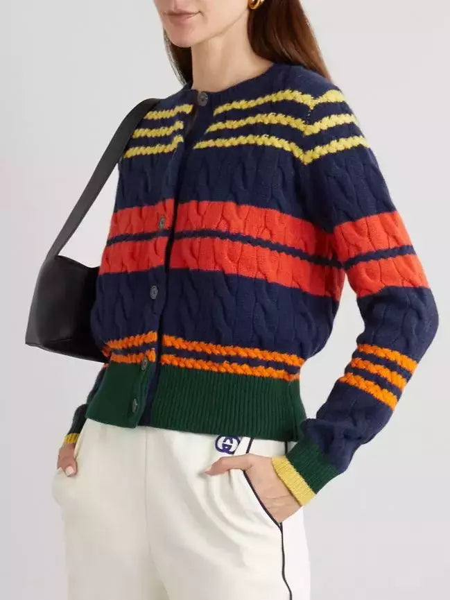 Bright-Striped Cable Knit Cardigan Sweater Branna Couture