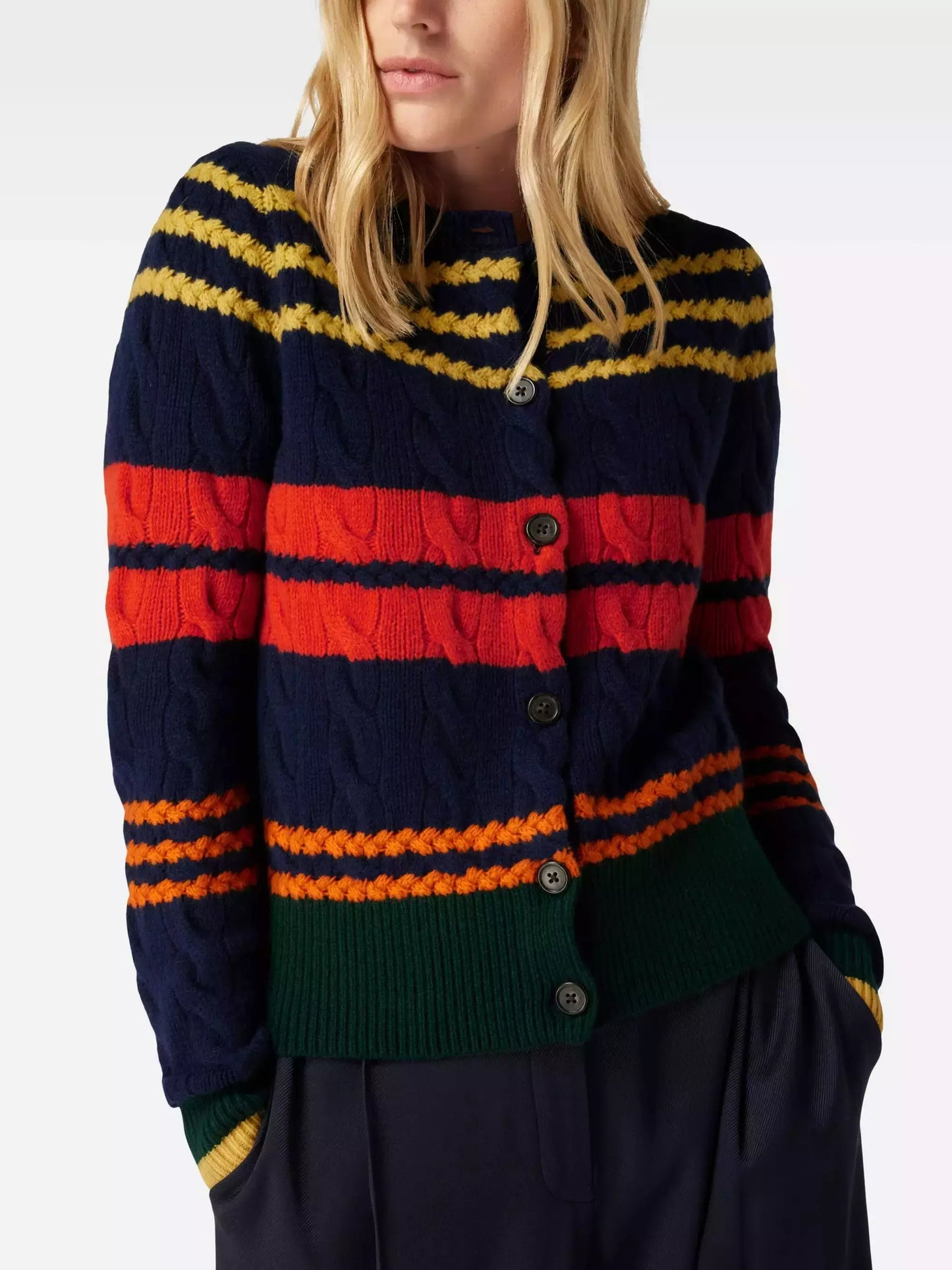 Bright-Striped Cable Knit Cardigan Sweater Branna Couture