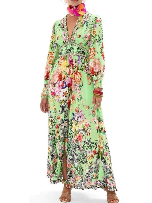 Bright Green Button-Down Dress with Multicolored Floral Print - Branna Couture