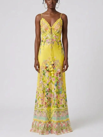 Bright Yellow Floral Silk Slip Dress with Lace Trim - XS - Dresses