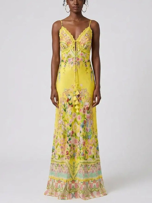 Bright Yellow Floral Silk Slip Dress with Lace Trim - XS - Dresses