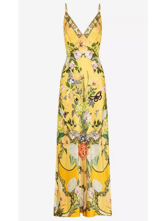 Bright Yellow Garden Printed Long Silk Slip Dress - Branna Couture