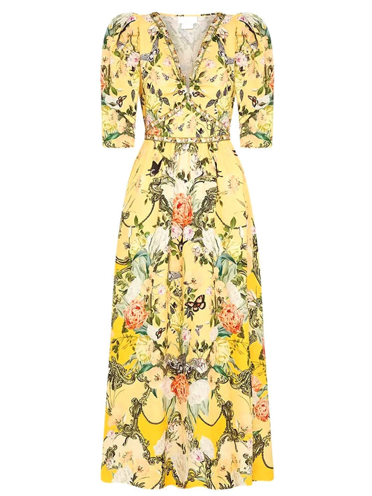 Bright Yellow Garden Printed Puff-Sleeve Dress with Gold Hardware - Branna Couture