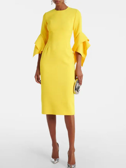 Bright Yellow Sculptured-Sleeve Dress - S - Dresses