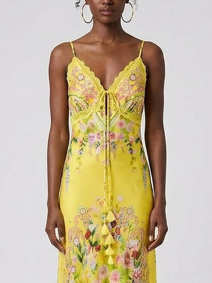 Bright Yellow Floral Silk Slip Dress with Lace Trim - Dresses