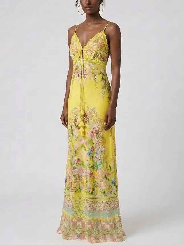 Bright Yellow Floral Silk Slip Dress with Lace Trim - Dresses