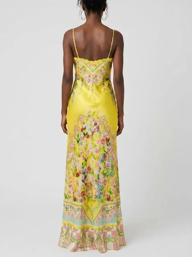 Bright Yellow Floral Silk Slip Dress with Lace Trim - Dresses