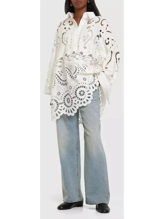 Broderie Cotton Lace Oversize White Shirt - Branna Couture