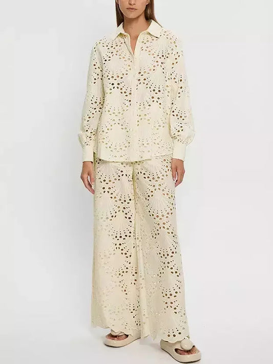 Broderie Anglaise Cotton Shirt and Pant Set - S - Suits & Sets
