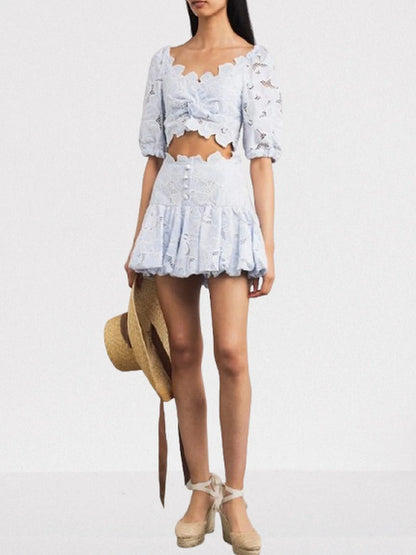 Broderie Anglaise Crop Top and Mini Skirt Set - Suits & Sets