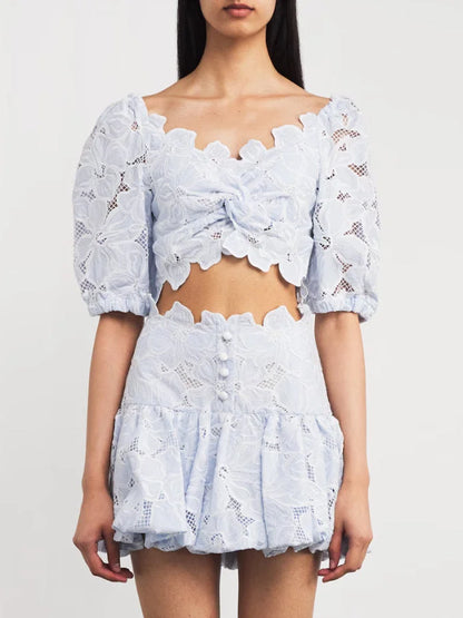 Broderie Anglaise Crop Top and Mini Skirt Set - Suits & Sets