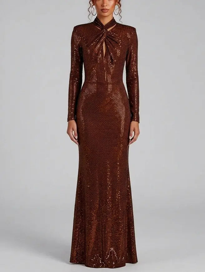Brown Rhinestone Twist Neck Evening Gown - XS - Dresses