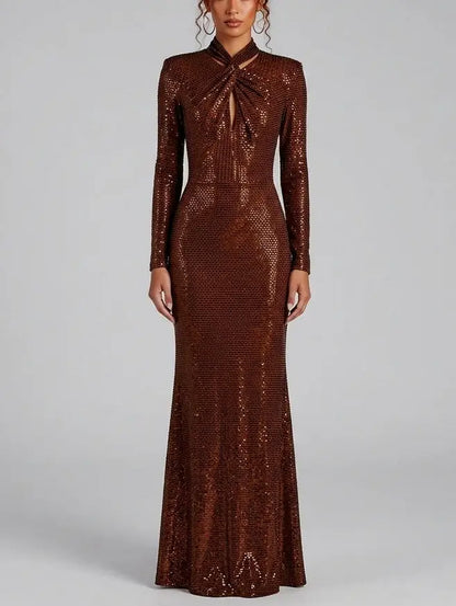 Brown Rhinestone Twist Neck Evening Gown - XS - Dresses