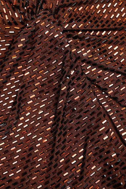 Brown Rhinestone Twist Neck Evening Gown - Dresses