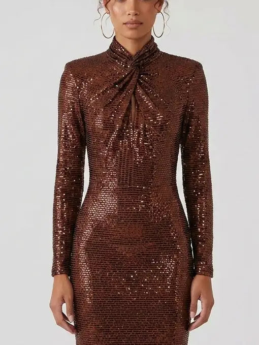 Brown Rhinestone Twist Neck Evening Gown - Dresses