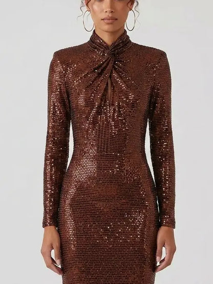 Brown Rhinestone Twist Neck Evening Gown - Dresses
