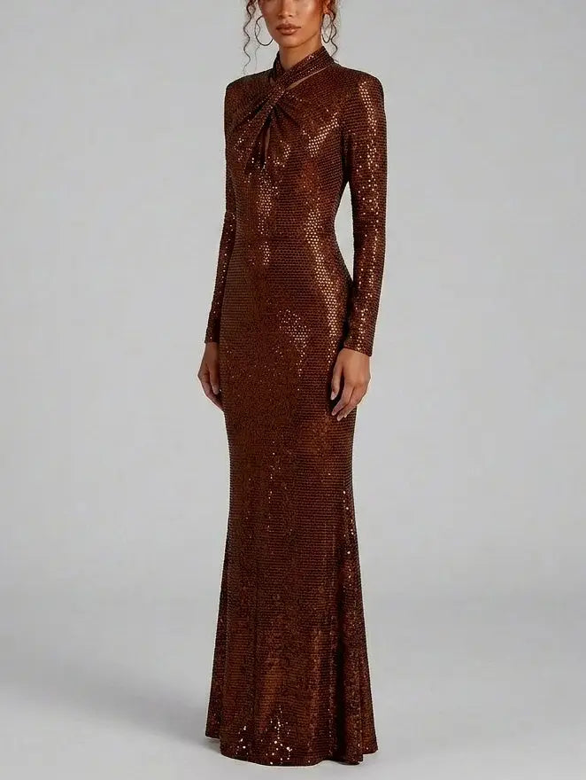 Brown Rhinestone Twist Neck Evening Gown - Dresses