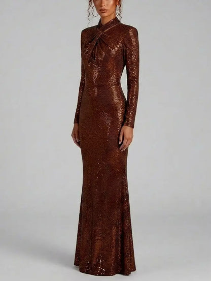 Brown Rhinestone Twist Neck Evening Gown - Dresses