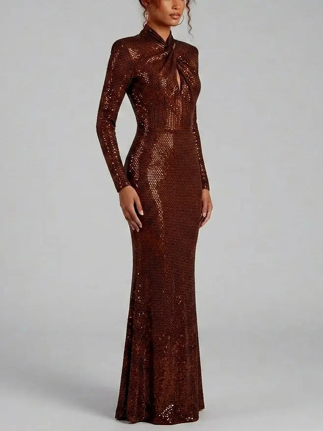 Brown Rhinestone Twist Neck Evening Gown - Dresses