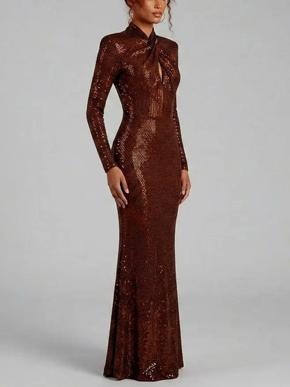 Brown Rhinestone Twist Neck Evening Gown - Dresses
