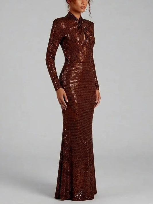 Brown Rhinestone Twist Neck Evening Gown - Dresses