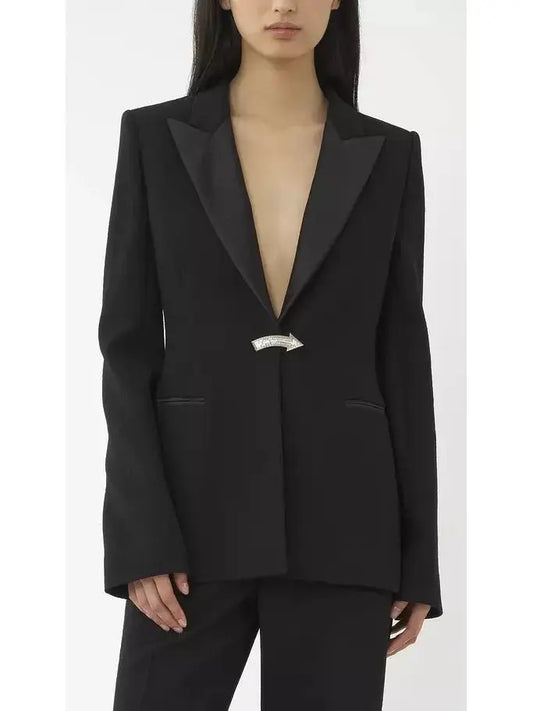 Brooch-Detail Embellished Black Tuxedo Jacket - Branna Couture