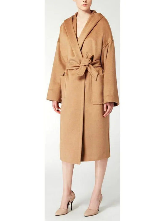 Wool Wrap Coat with Hood, Camel/Brown - Branna Couture