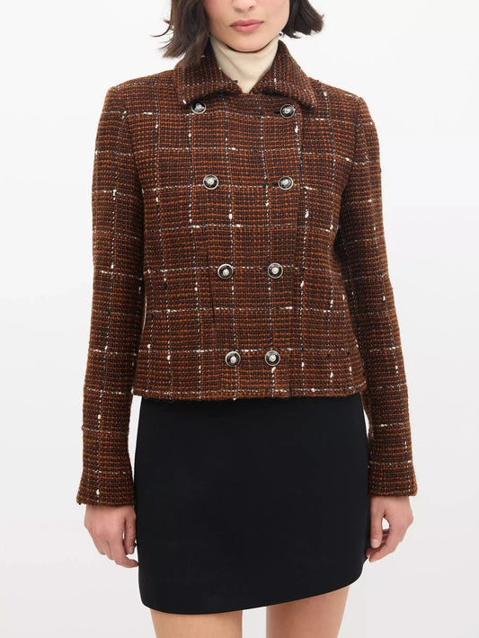 Brown with White Woven Wool Tweed Double-Breasted Jacket - Branna Couture