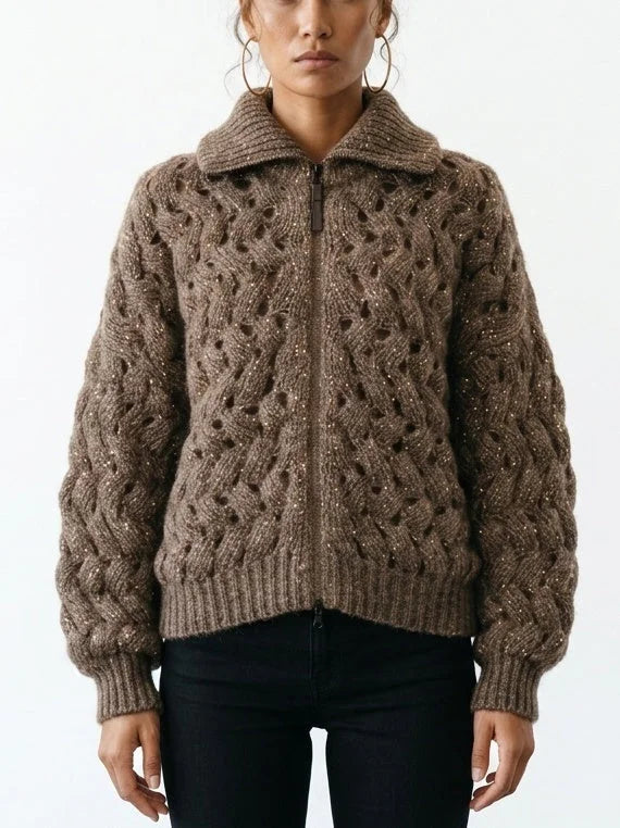 Brown Cable Knit High Neck Zip Front Cardigan - Small - Sweaters & Knitwear