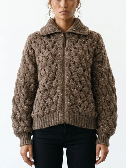 Brown Cable Knit High Neck Zip Front Cardigan - Small - Sweaters & Knitwear