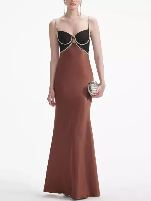 Brown Crystal-Detailed Satin Maxi Dress - Branna Couture