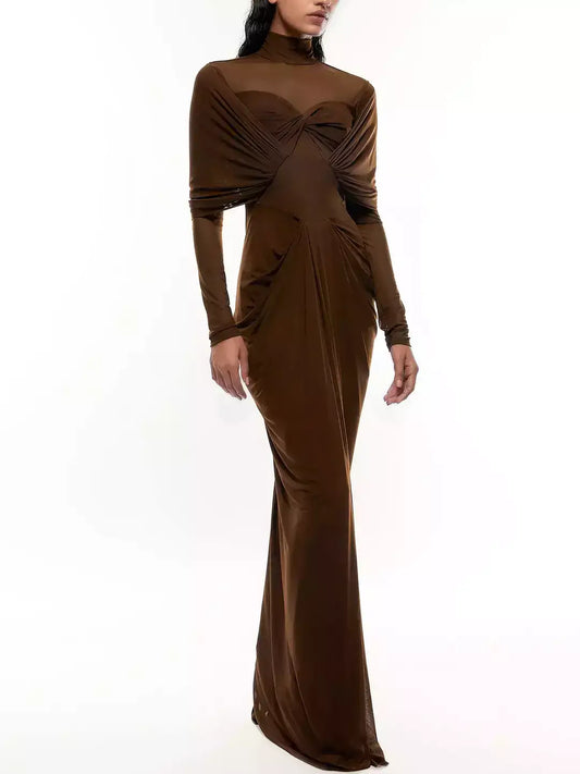 Brown Draped High-Neck Maxi Dress - XS - Dresses