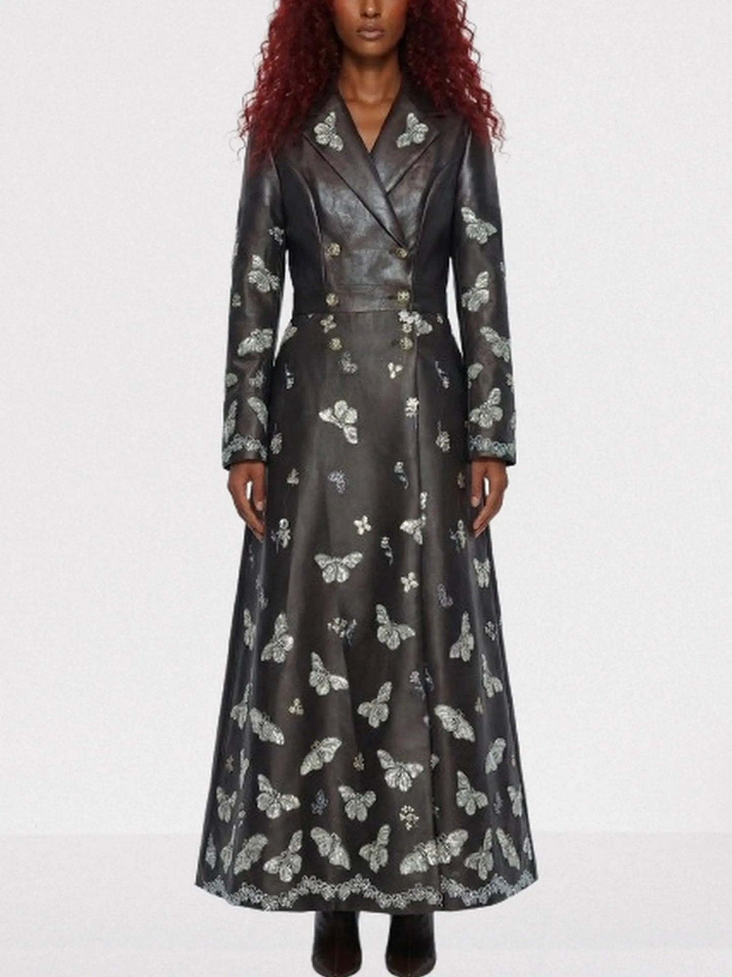 Brown Faux-Leather Butterfly Embroidered Long Coat - S - Coats