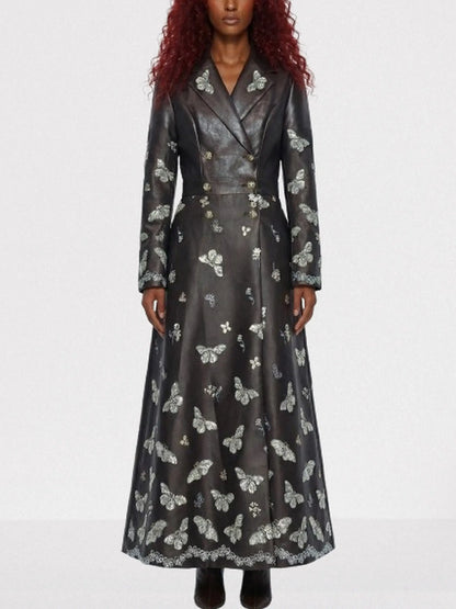 Brown Faux-Leather Butterfly Embroidered Long Coat - S - Coats