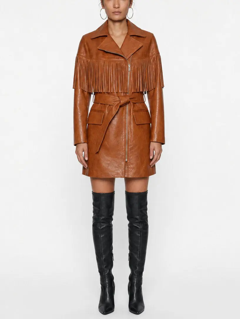 Brown Fringed Belted Short Leather Coat - S - Coats