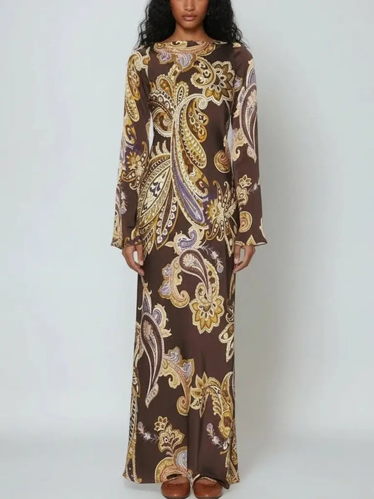Brown Paisley-Print Long-Sleeve Maxi Dress - Small - Dresses