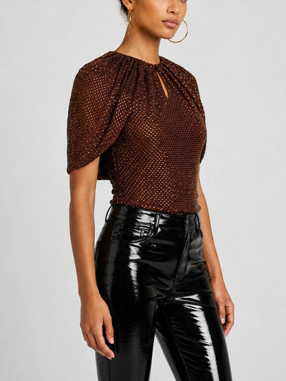 Brown Rhinestone Embellished Cape-Sleeve Top - Tops