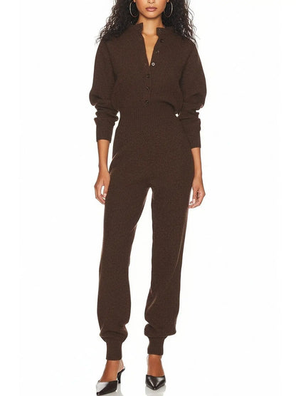 Brown Ribbed Knit Button-Front Jumpsuit - Small - Suits & Sets