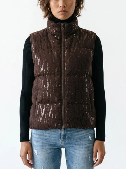 Brown Sequin Embellished Down Puffer Vest - Small - Jackets