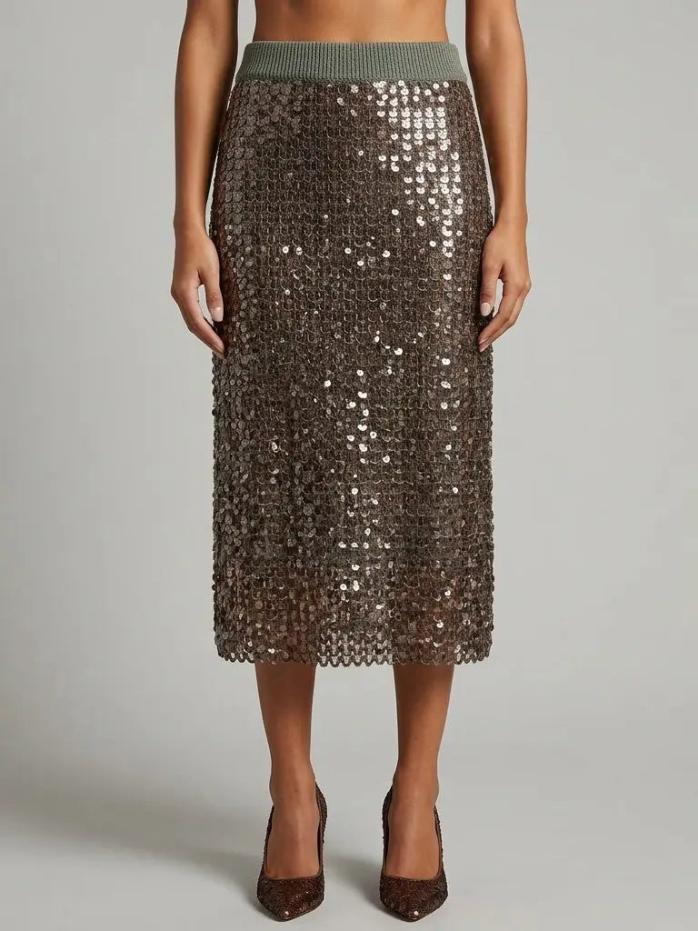 Brown Sequin Embellished Knit Midi Skirt - Small - Skirts