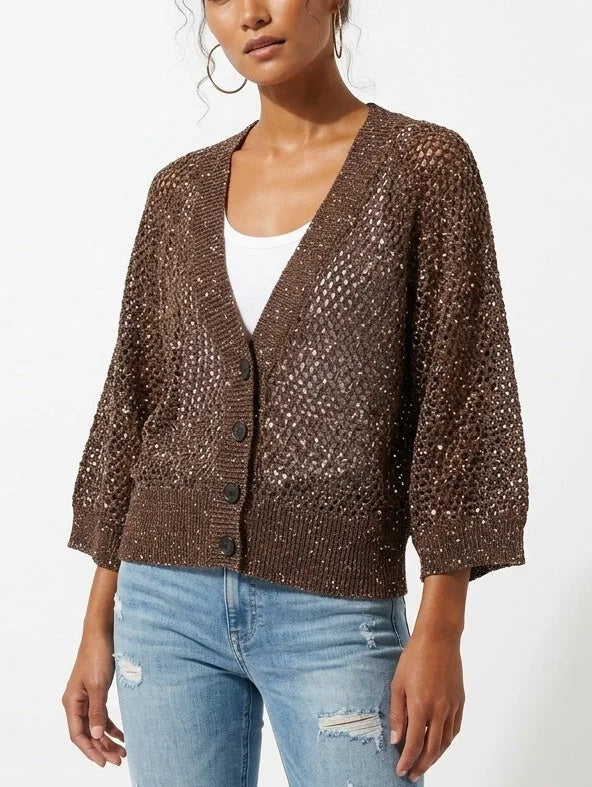 Brown Sequin Open Knit V-Neck Cardigan - Small - Sweaters & Knitwear