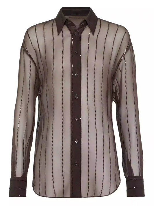Brown Sequined Sheer Silk Shirt - Small - Tops